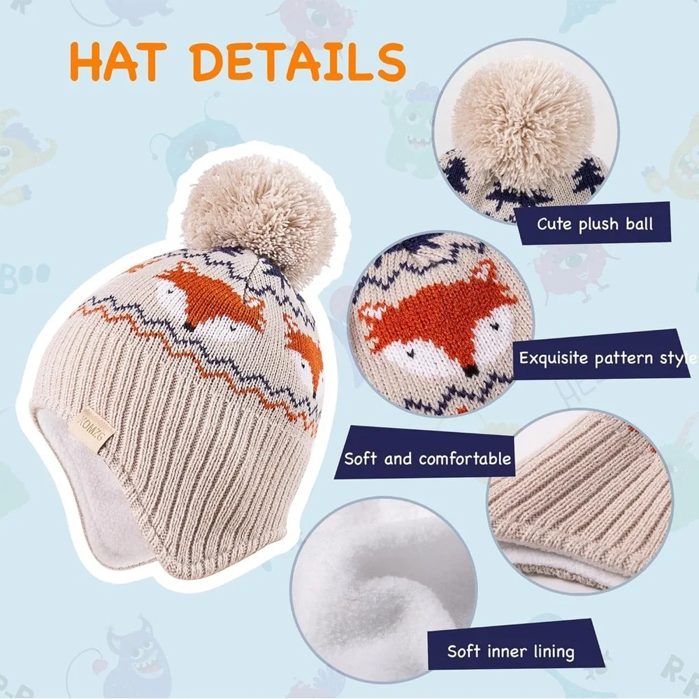 BRAND NEW 1T-2T Kids Fox Pom-Pom Beanie Set - Navy, Gray, Cream